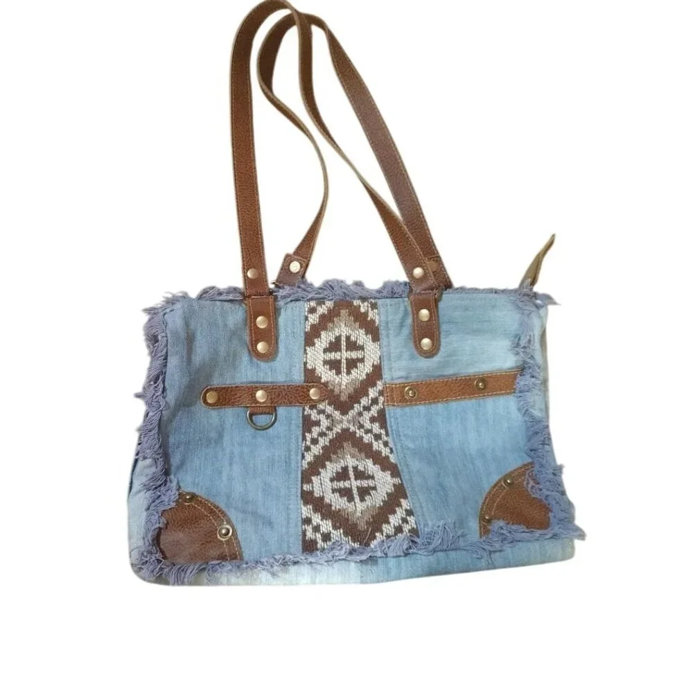 Large Myra Denim & Faux Leather Boho Tote Bag With Woven Aztec Pattern & Fringe
